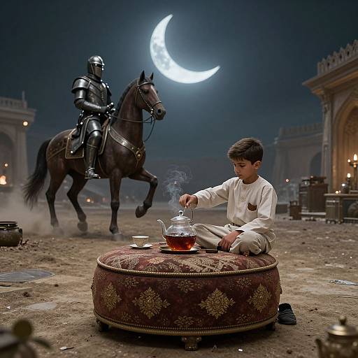 Photograph: Young boy in white traditional attire pours tea from a glass pot on ornate round cushion, under crescent moon, with armored knight on