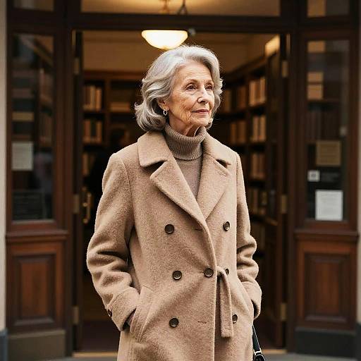 Photograph of an elderly woman with gray hair, wearing a beige double-breasted coat and turtleneck, standing in front of a book-filled library