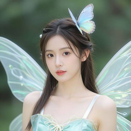 Photograph of an East Asian woman with long black hair, wearing a white lace dress and translucent fairy wings, adorned with a glowing blue butterfly hairpiece