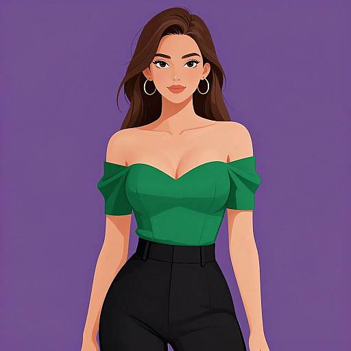 Digital illustration of a confident woman with long brown hair, green off-shoulder top, black high-waisted pants, and hoop earrings, against