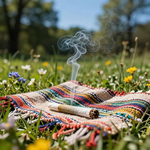 Photograph of a colorful striped blanket in a grassy field with scattered flowers, a lit cigar emitting smoke, and a bright blue sky in the background
