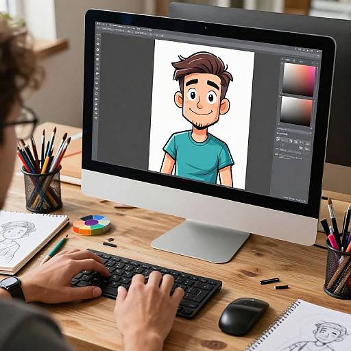 Photograph of a person drawing a cartoon of a smiling man with brown hair and beard on a computer monitor.