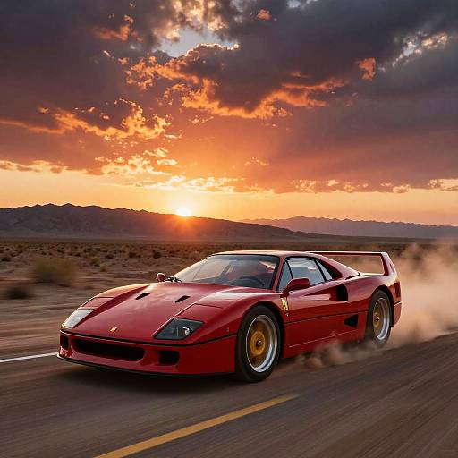 Photograph of a red Ferrari 458 Italia speeding on a desert road at sunset, with dramatic orange and purple clouds in the sky.