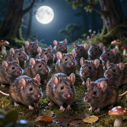 Photograph of a moonlit forest with numerous small, fluffy brown mice with pink ears and noses, surrounded by mushrooms and moss. A bright full moon
