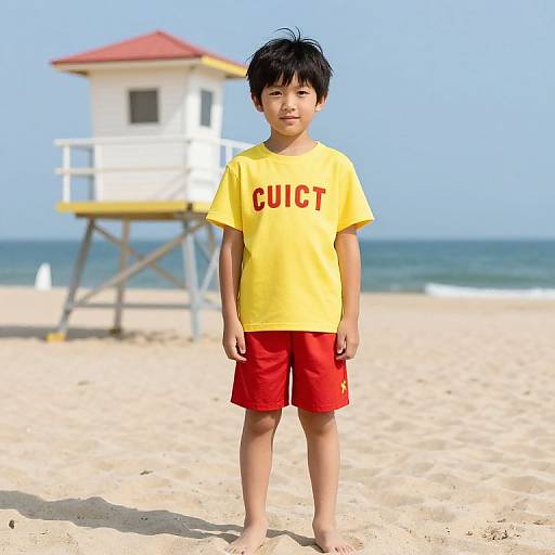 Boy in Lifeguard Outfit on Beach