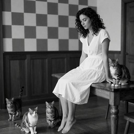 Monochrome Woman with Cats on Table