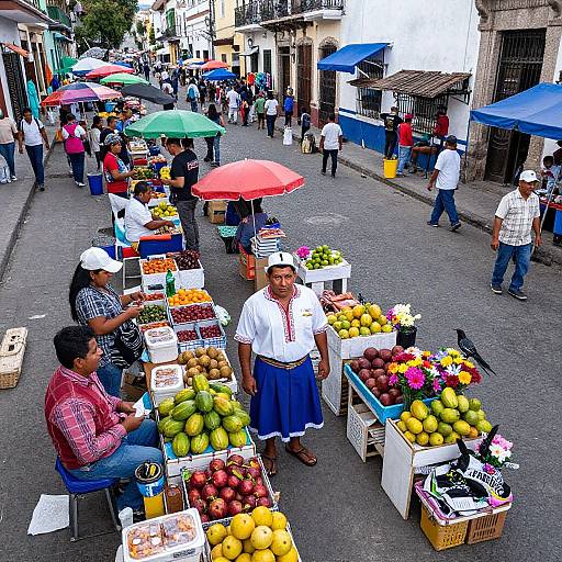 Vibrant street market photograph: Colorful umbrellas, vendors selling fruits, vegetables, and flowers on a bustling urban street lined with shops.