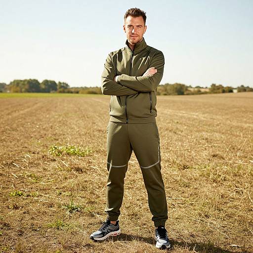 Photograph of a muscular man with short dark hair, wearing olive green athletic tracksuit and black sneakers, standing with arms crossed in a sunlit,