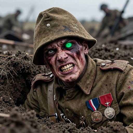 Photograph of a bloodied, green-eyed soldier with a grimace, wearing a muddy helmet and military uniform, adorned with medals, amidst dark,
