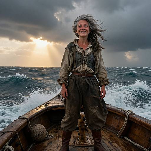 Photograph of a smiling, gray-haired woman in pirate attire standing on a wooden ship, with waves crashing and a dramatic, cloudy sunset in the background