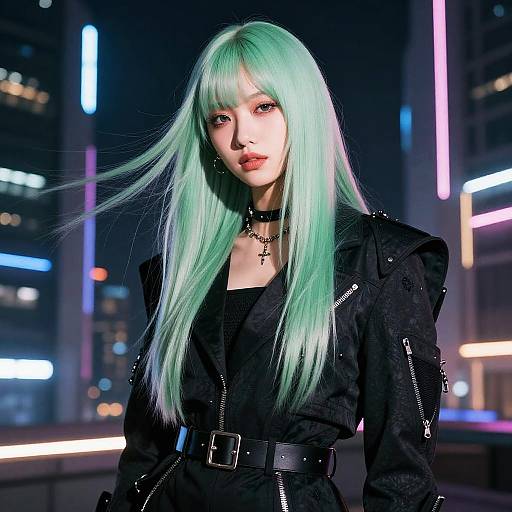Digital artwork of an Asian woman with long, mint-green hair, wearing a black, belted jacket, cross necklace, in a neon-lit city
