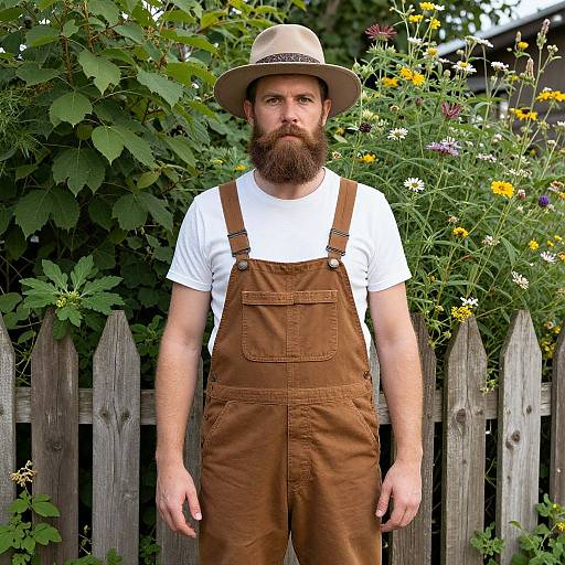 Photograph of a bearded man with a brown hat, white shirt, and brown overalls standing in front of a wooden fence and colorful wildflowers