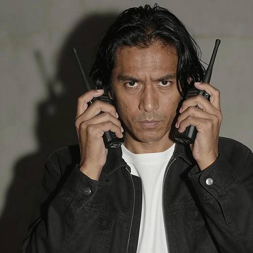 Intense Man with Walkie-Talkies in Shadows