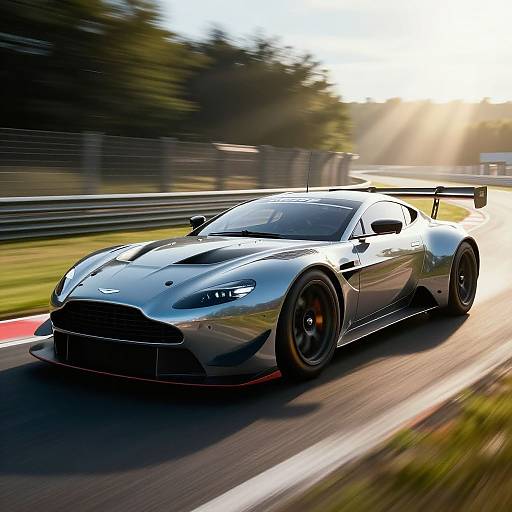 Photograph of a sleek, silver Nissan GT-R racing on a sunlit track, with blurred green trees and sunlight in the background. Dynamic motion,