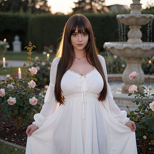 Photograph of an Asian woman with long brown hair, wearing a white, lace-trimmed dress, standing in a garden with pink roses and a