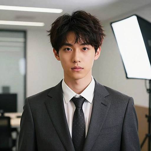 Photograph of an Asian young man with short, messy black hair, wearing a dark gray suit, white shirt, and black tie, standing in a