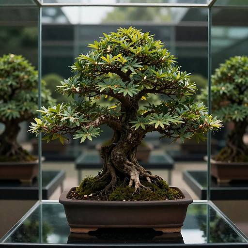 Cinematic Bonsai Tree in Glass Display