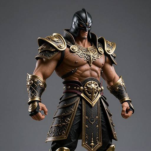 Muscular male warrior in black helmet, ornate golden armor, and dark leather pants, standing against a gray gradient background. Photorealistic CGI.