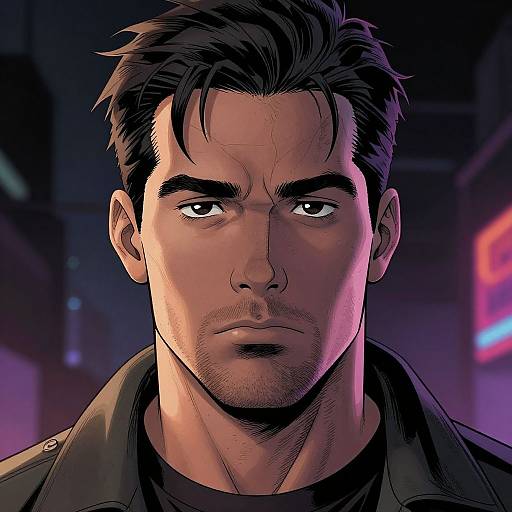 Digital illustration of a serious, handsome man with dark hair, stubble, and intense eyes, wearing a black jacket, against a neon-lit background