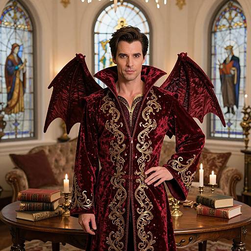 Photograph of a handsome man with dark hair, wearing a rich red, ornate vampire robe with bat wings, standing in a luxurious, candlelit