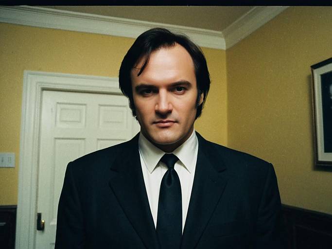 Photograph of a serious-looking man with dark hair in a black suit, white shirt, and black tie, standing in a yellow-walled room with