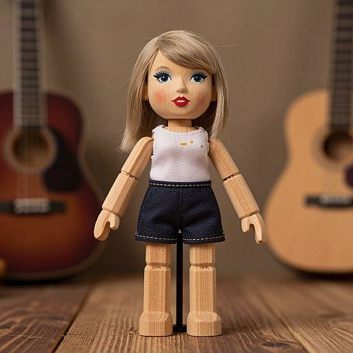 Photograph of a blonde-haired doll with blue eyes, red lips, white sleeveless top, black shorts, standing on wooden floor with two guitars blurred