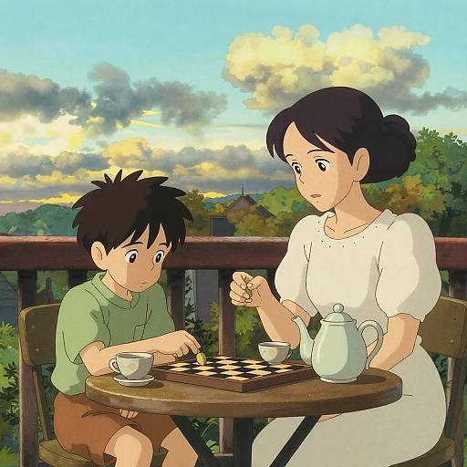 Digital anime-style drawing of a woman in a white dress and a boy in green shirt playing chess on a wooden table, with a teapot and cups