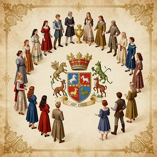 Digital illustration of medieval-style family crest surrounded by 16 characters in period attire, featuring horses, a crown, and coat of arms.