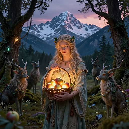 Fantasy photograph: Blonde woman with floral crown, glowing lantern, basket of apples, surrounded by deer, under twilight mountain backdrop.
