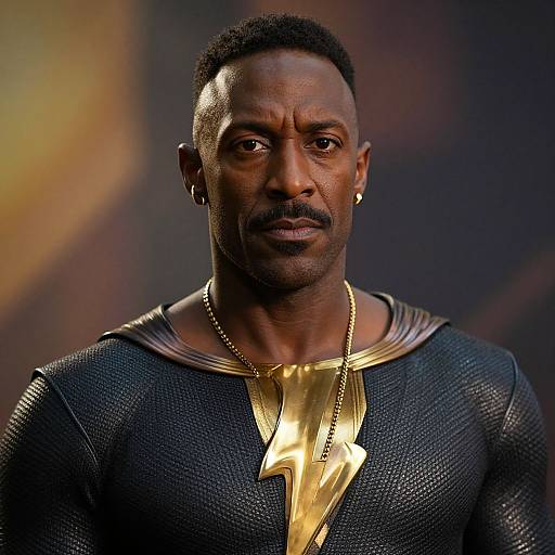 Photograph of a muscular, dark-skinned man with short hair, mustache, wearing a black textured shirt, gold pendant, and hoop earrings,