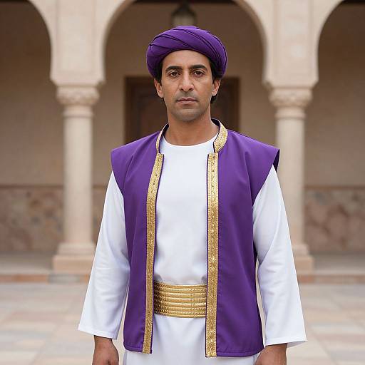 Photograph of a man with medium brown skin, wearing a purple turban, white tunic, and purple vest with gold trim, standing in front