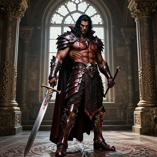 Muscular, dark-haired warrior with red armor stands in ornate, dimly lit cathedral, holding large sword. Gothic architecture, sunlight through arched