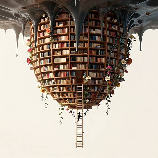 Surreal digital artwork: giant spherical library with bookshelves, dripping gray ceiling, colorful flowers, and a small person climbing a ladder.