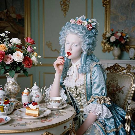 Photograph of a porcelain doll with blue wavy hair, red lips, blue dress, and floral headpiece, sipping tea at an ornate