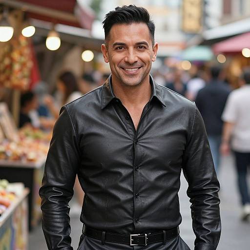 Photograph of a smiling, muscular man with short black hair, wearing a black leather button-up shirt, standing in a bustling outdoor market. Blurred