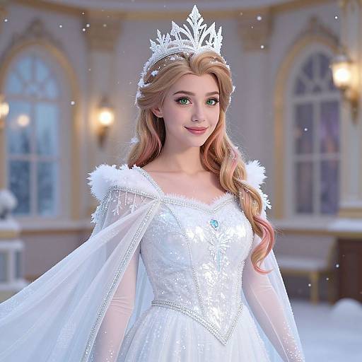 Realistic Elsa Costume in Winter Ballroom