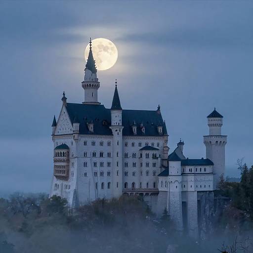 Photograph of a medieval castle with turrets and spires under a full moon in a blue-tinted, misty night sky.