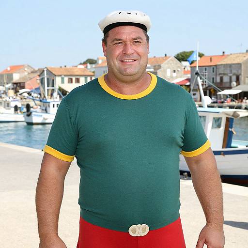 Photograph of a smiling, middle-aged man with a round face, wearing a green t-shirt with yellow trim, red pants, and a white hat