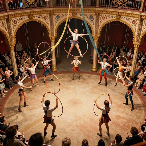 Photograph of a circus performance: Acrobats with colorful costumes and hula hoops perform in a grand, arched, ornate theater. Audience