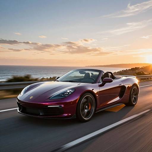 Photograph of a shiny, maroon Porsche convertible speeding on a coastal highway at sunset, with a vibrant orange and blue sky.