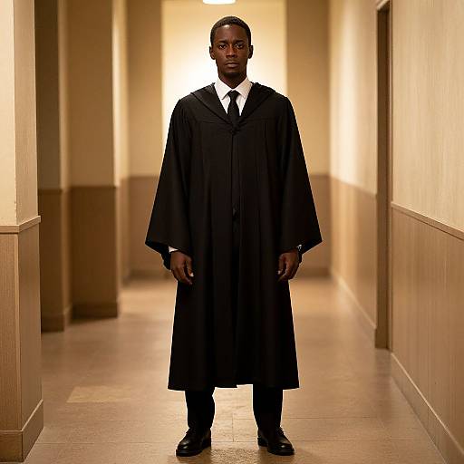 Photograph of a Black man in a black judicial robe, white shirt, black tie, and black shoes, standing in a brightly lit, beige hallway