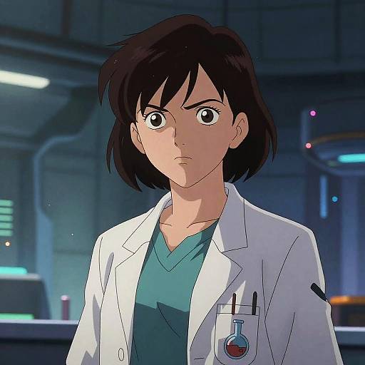 Anime-style drawing of a serious young woman with short black hair, wearing a white lab coat over a teal shirt, with a test tube pocket, in