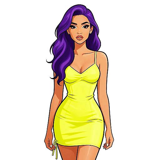 Digital illustration of a confident woman with long purple hair, wearing a tight, yellow, spaghetti-strap mini dress, standing against a white background.