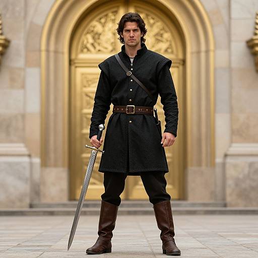 Photograph of a serious, dark-haired man in black medieval attire, holding a sword, standing before a golden, arched stone door.