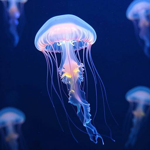 Photograph of a glowing blue and white jellyfish with delicate, flowing tentacles against a dark blue ocean background.