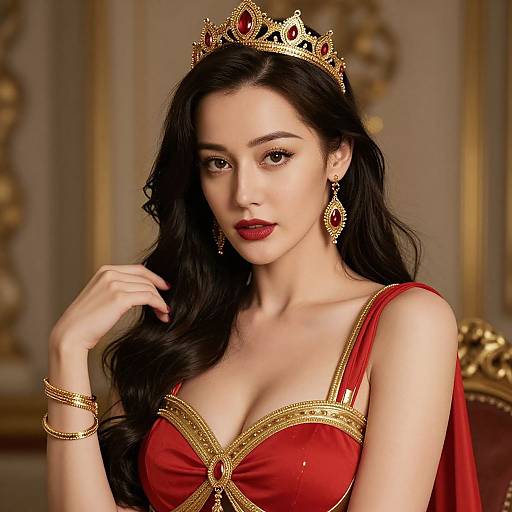 Photograph of an elegant Asian woman with long black hair, wearing a gold crown, red dress, and gold jewelry, posing in an ornate,