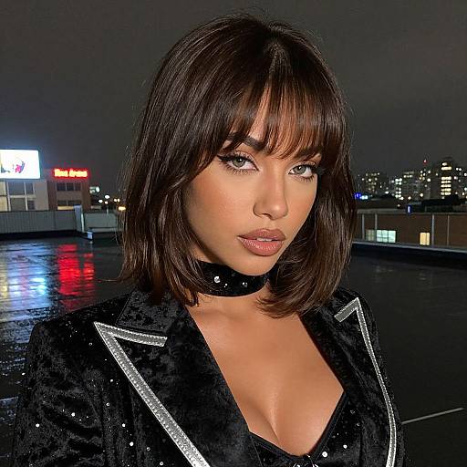Photograph of a dark-haired woman with bangs, wearing a black choker and sparkly jacket, standing on a rainy rooftop at night, city