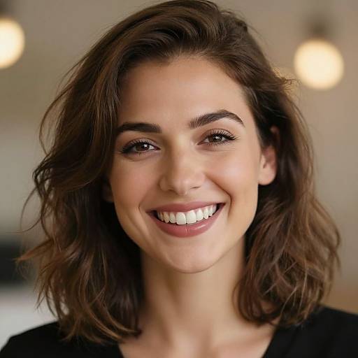 Photograph of a smiling woman with wavy brown hair, light skin, dark eyebrows, and white teeth, wearing a black top, against a blurred