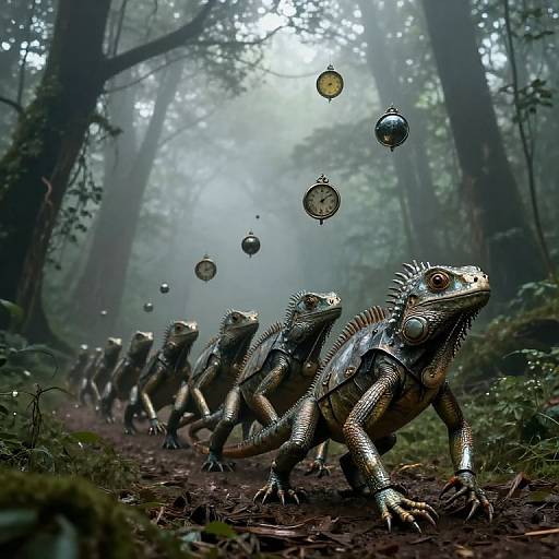Photorealistic CGI: Row of metallic, lizard-like creatures with glowing orbs floating above, standing in a misty, dense forest path.