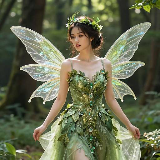 Photograph of a fair-skinned, dark-haired fairy in a leafy, green gown with translucent, glowing wings, standing in a sunlit forest